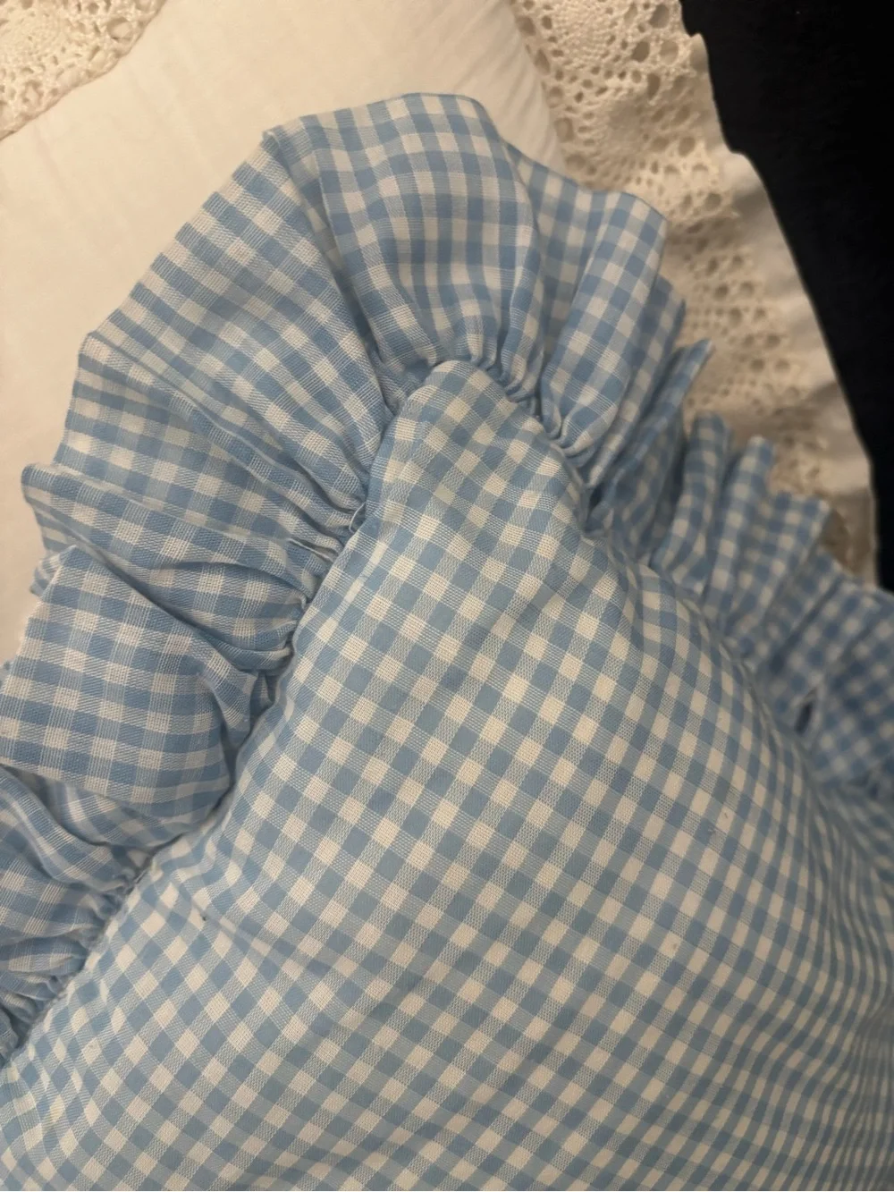 Handcrafted Blue Gingham Pillow Cathedral Window  w/Lace Final Sale